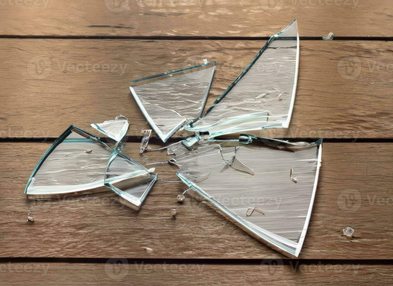 gebrochen Glas Brille Spiegel auf hölzern Fußboden , generiert durch ai foto