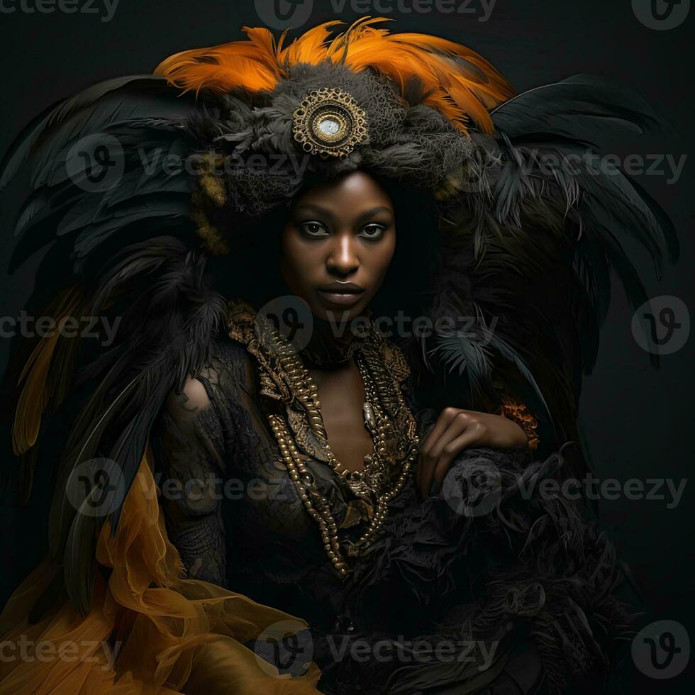 ein afrikanisch Frau Porträt mit Kopfschmuck und Gefieder auf schwarz Hintergrund , generiert durch ai foto