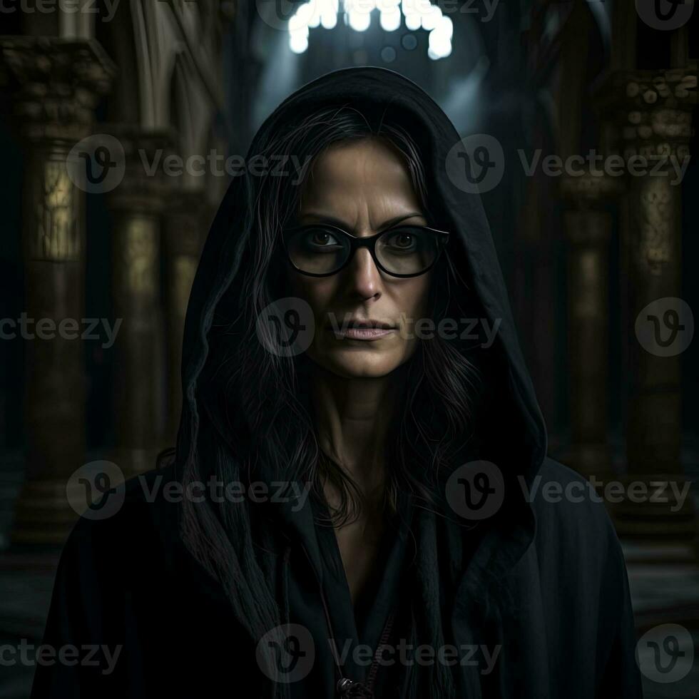 52 Jahr alt schwarz behaart Italienisch Frauen mit Brille im ein dunkel mit Kapuze Kleid im ein uralt Kathedrale suchen in das Kamera bedrohlich mit Leistung , generiert durch ai foto