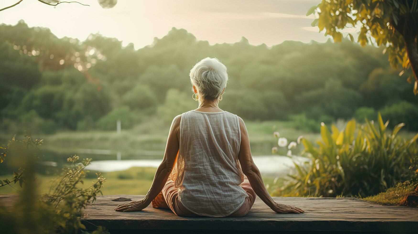 Senior Frau tun Yoga mit das Grün Natur im Sonnenuntergang. generativ ai. foto