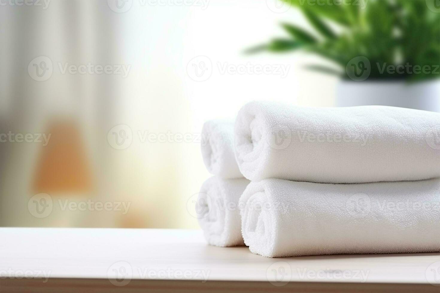 gestapelt Sanft Handtücher auf Weiß Tabelle im Badezimmer. generativ ai foto