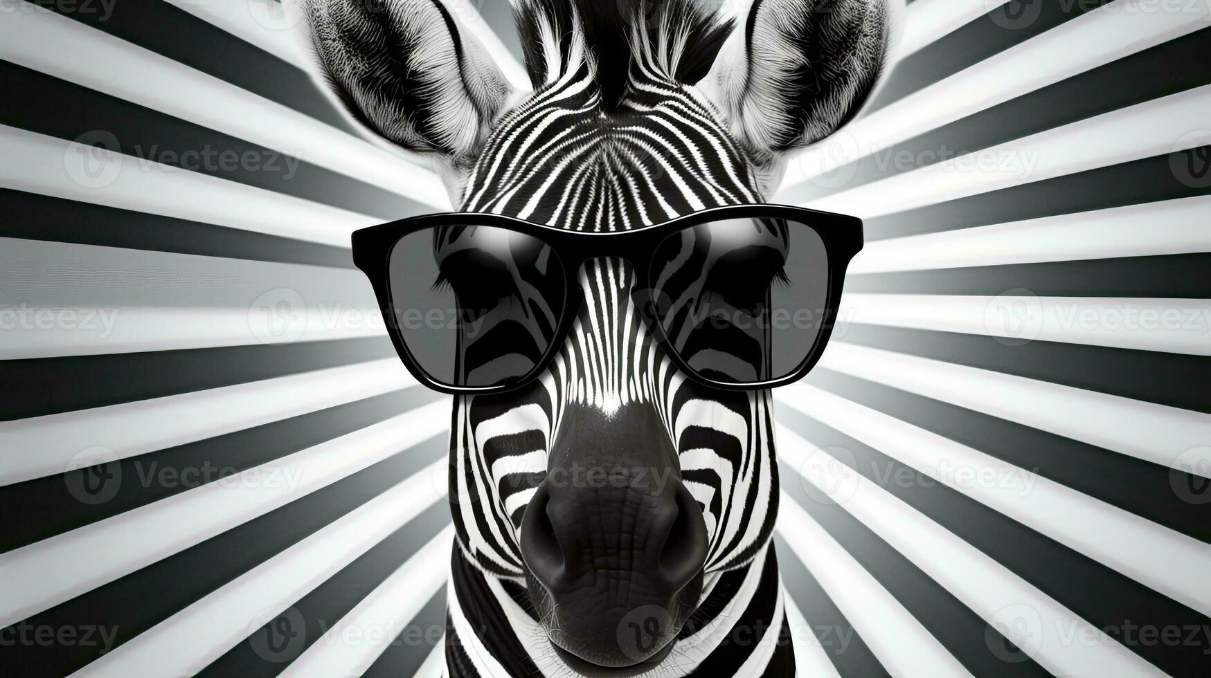 Zebra tragen Sonnenbrille auf ein Stark schwarz und Weiß gestreift Muster Hintergrund. ai generiert foto