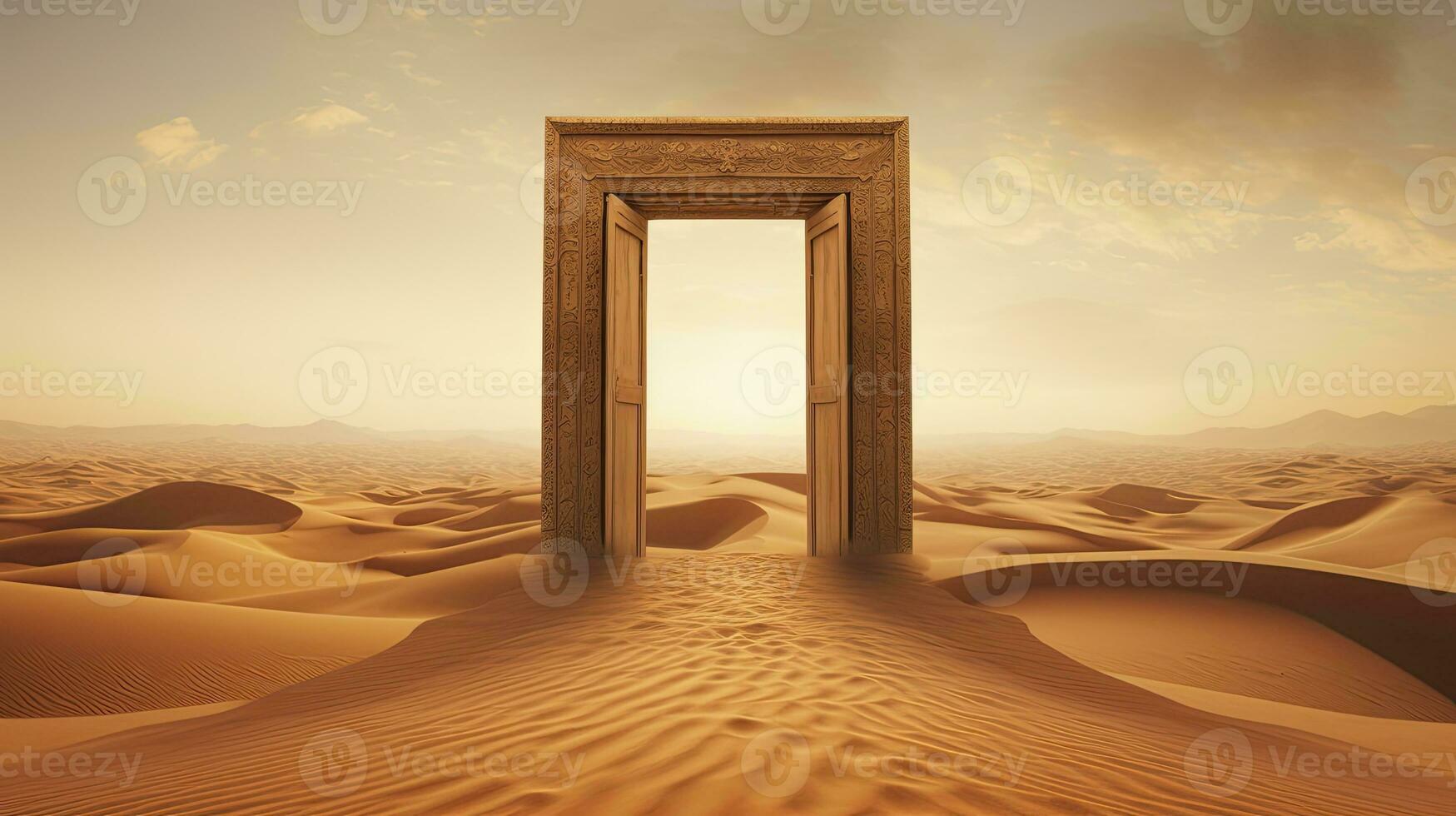 ein riesig Wüste Landschaft mit golden Sand und entfernt Dünen. im das Vordergrund, ein aufwendig geschnitzt hölzern Tür steht allein, leicht angelehnt, andeutend beim Geheimnisse außerhalb. ai generiert foto