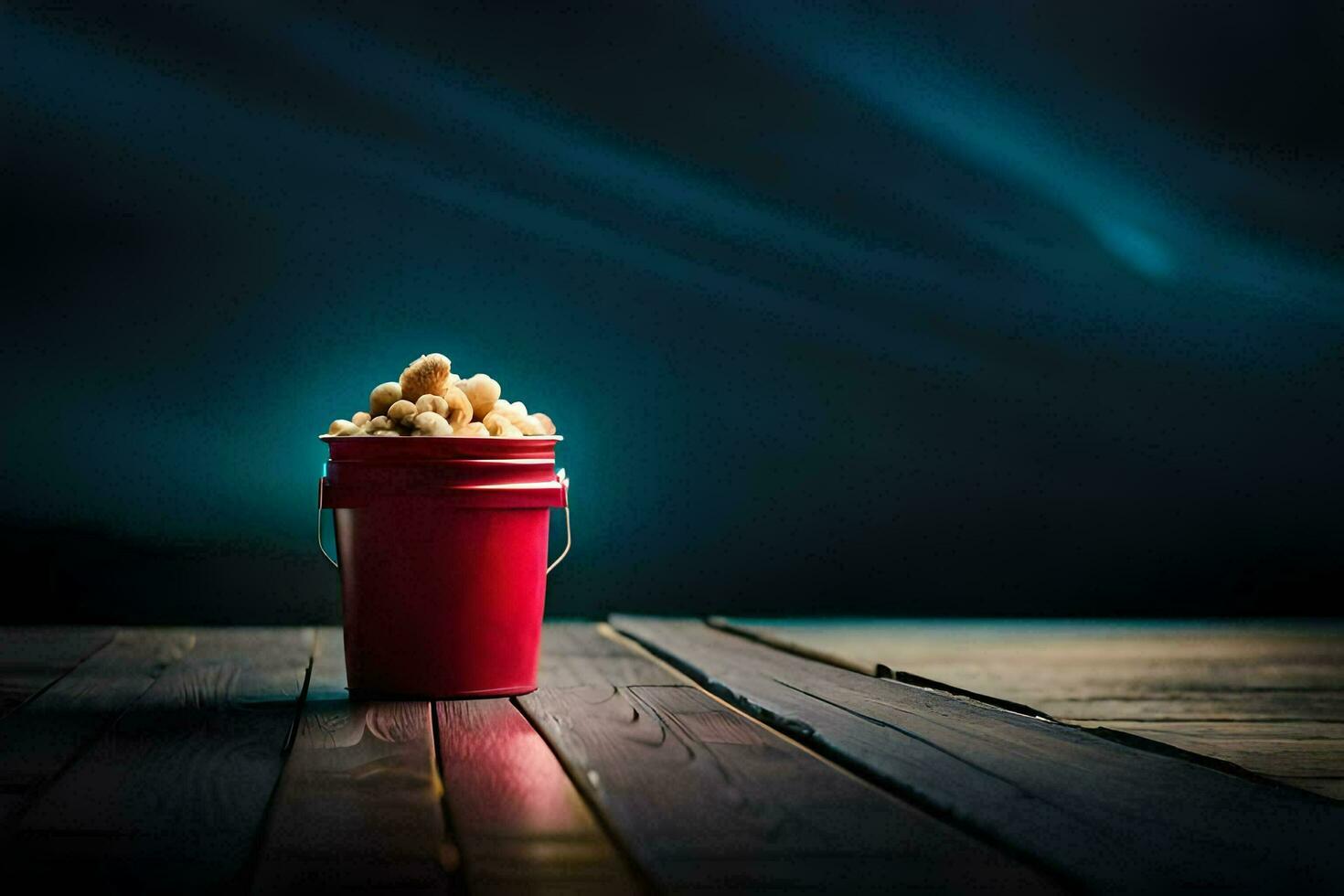 ein Eimer von Popcorn auf ein hölzern Tisch. KI-generiert foto