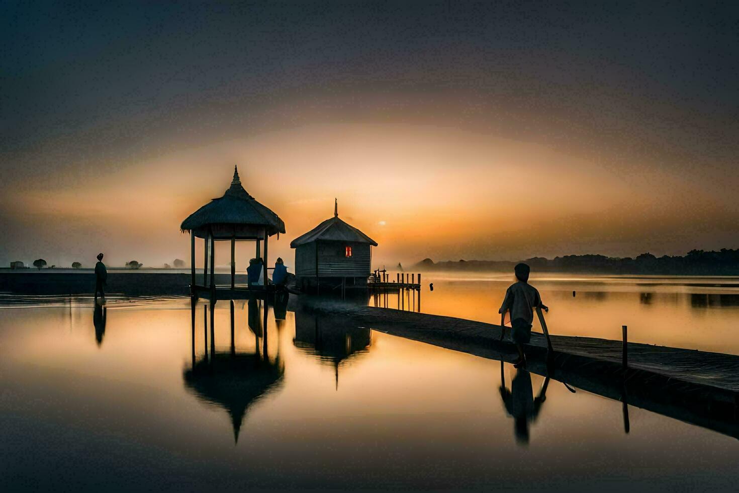 Menschen gehen auf ein Dock beim Sonnenaufgang im ein See. KI-generiert foto