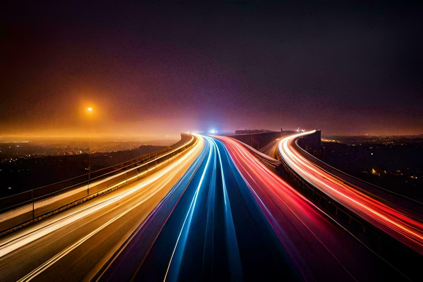 ein lange Exposition Foto von ein Autobahn beim Nacht. KI-generiert