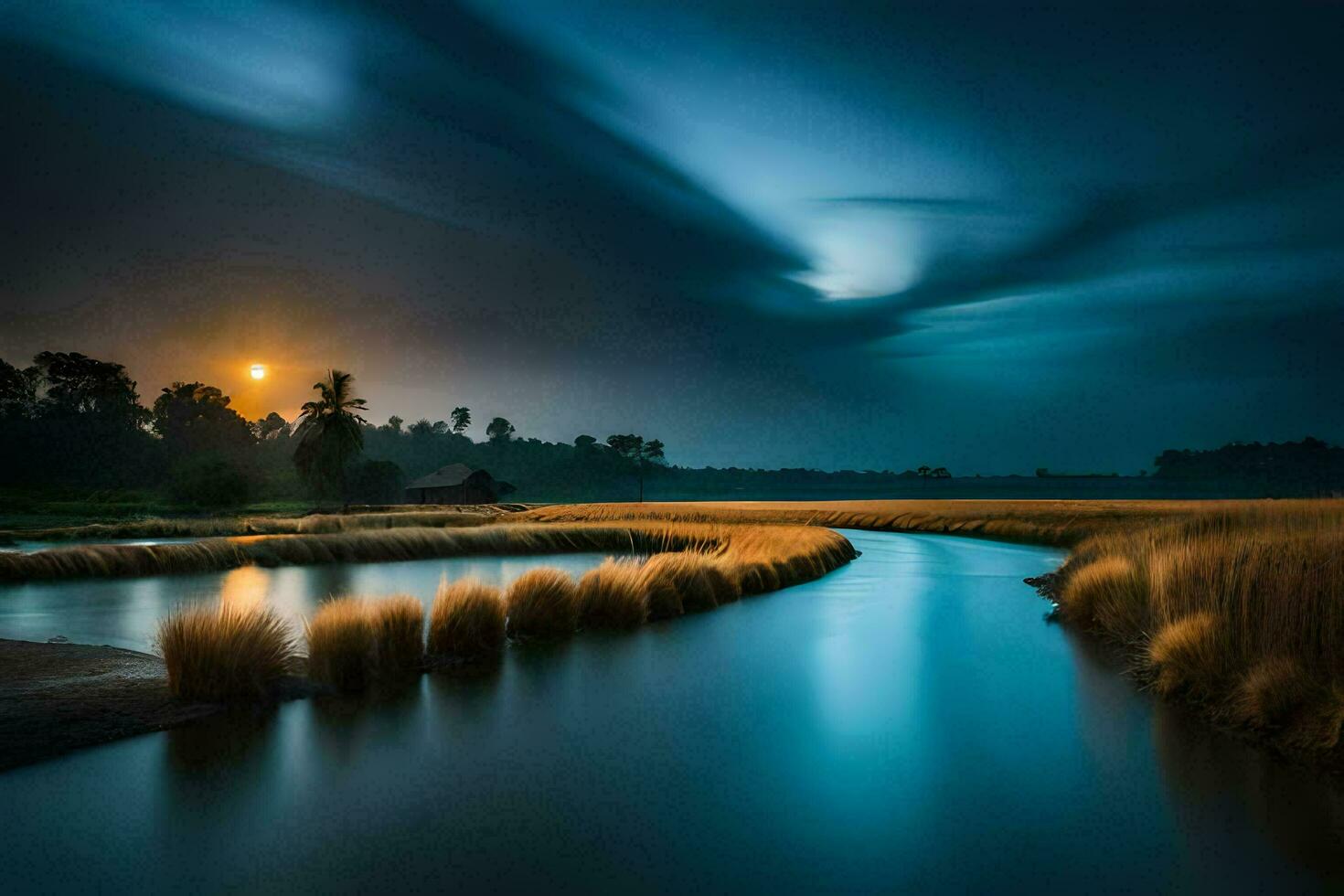 ein Fluss im das Mitte von ein Feld beim Nacht. KI-generiert foto