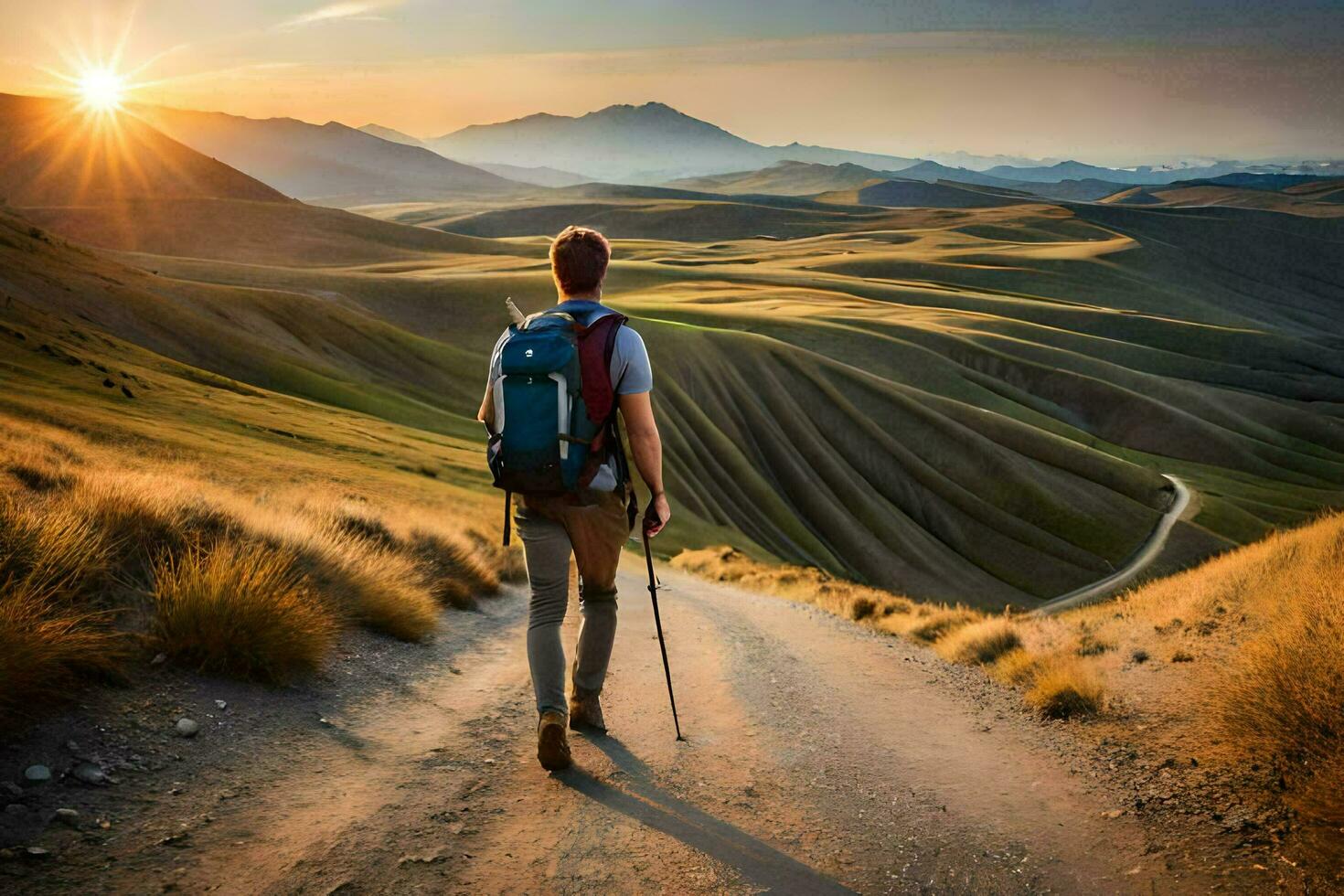 ein Mann mit ein Rucksack Gehen auf ein Schmutz Straße im das Berge. KI-generiert foto