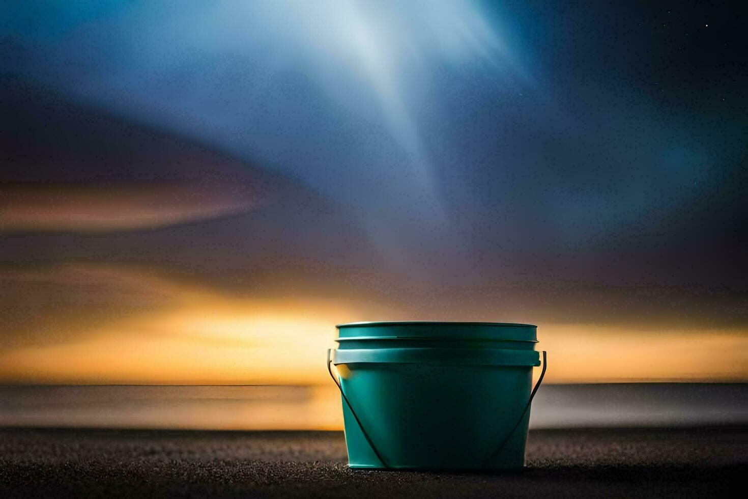 ein Eimer auf das Strand beim Nacht mit ein hell Licht leuchtenden durch das Wolken. KI-generiert foto