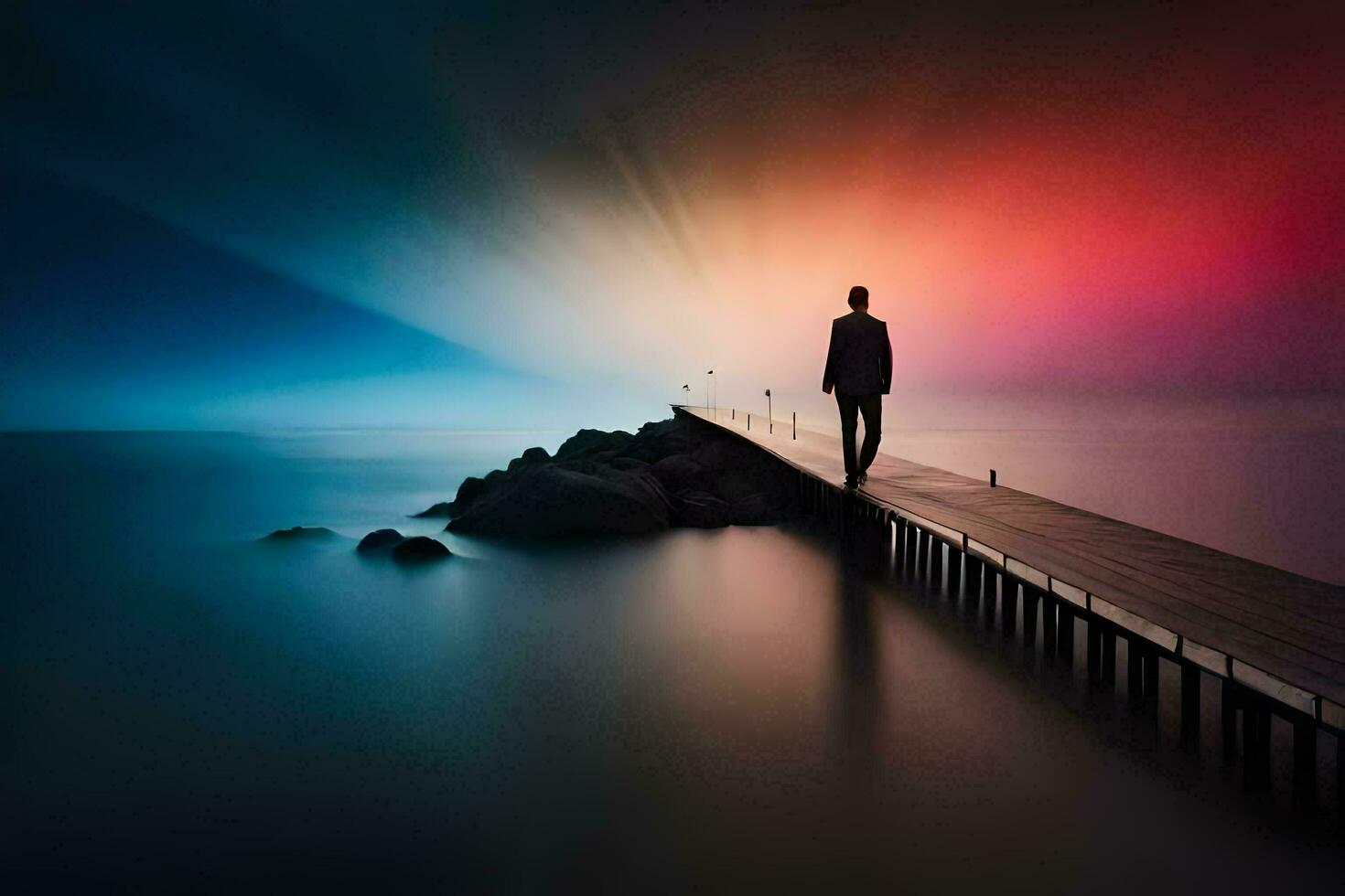 ein Mann Stehen auf ein Seebrücke suchen beim das Sonnenuntergang. KI-generiert foto