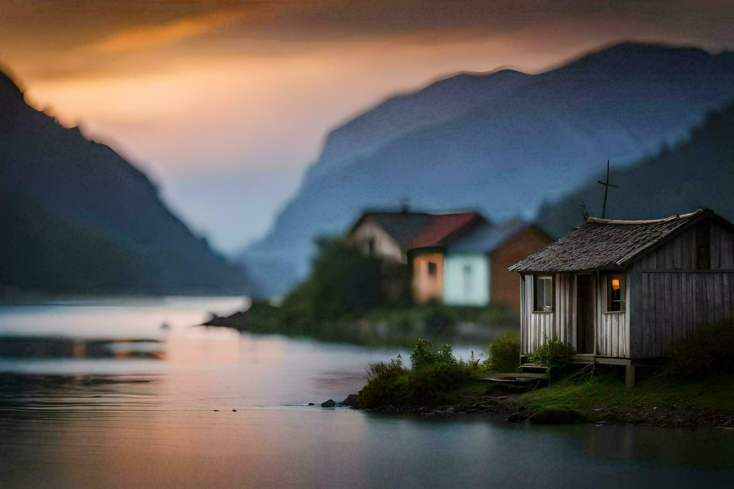 ein klein Kabine sitzt auf das Ufer von ein See. KI-generiert foto