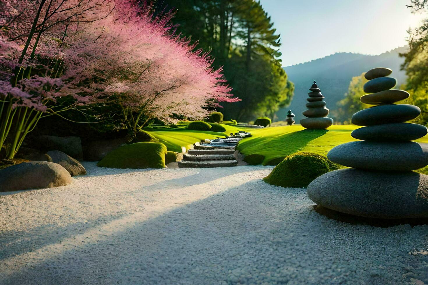 ein japanisch Garten mit Stein Schritte und ein Rosa Blüte. KI-generiert foto