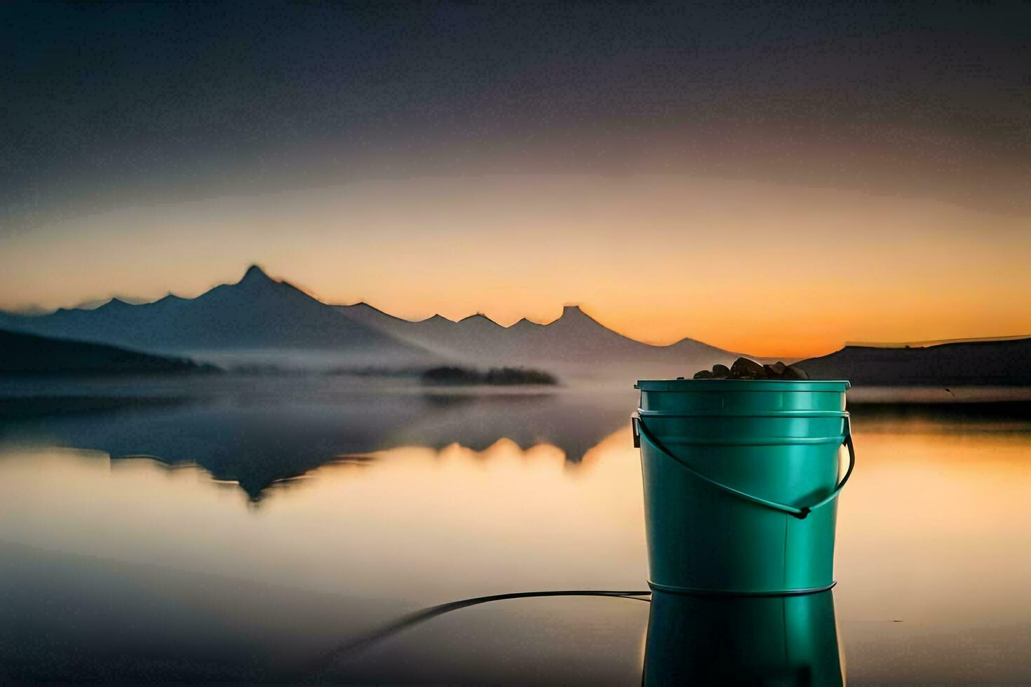 ein Eimer Sitzung auf das Kante von ein See mit Berge im das Hintergrund. KI-generiert foto