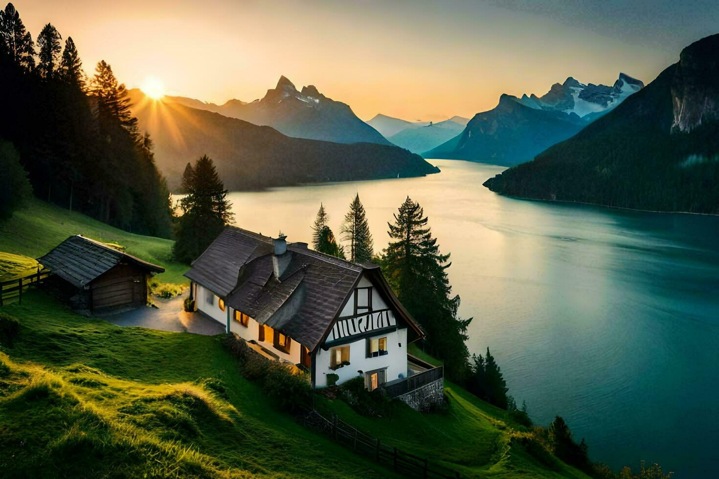 das Haus ist auf das Kante von ein See mit Berge im das Hintergrund. KI-generiert foto