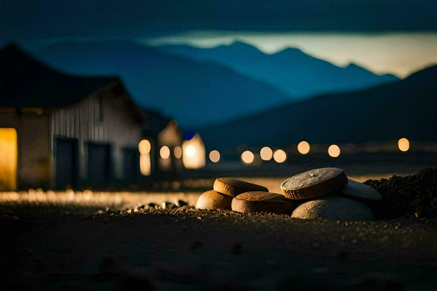 ein Stapel von Felsen im Vorderseite von ein Haus beim Nacht. KI-generiert foto