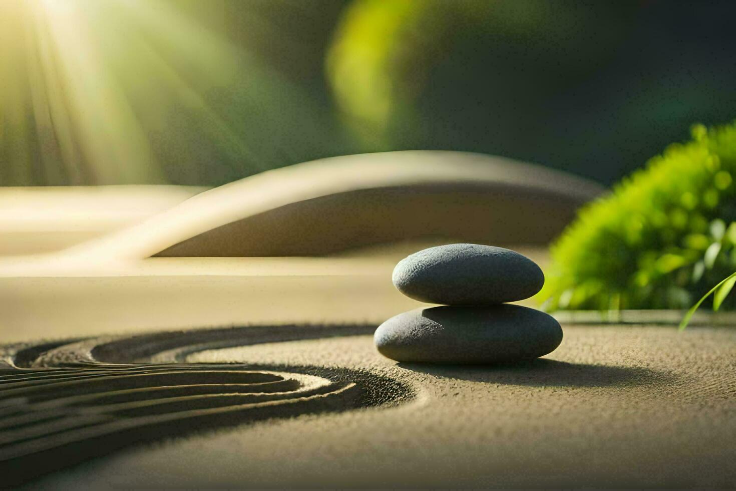 Zen Garten mit Steine und Gras im das Sonne. KI-generiert foto