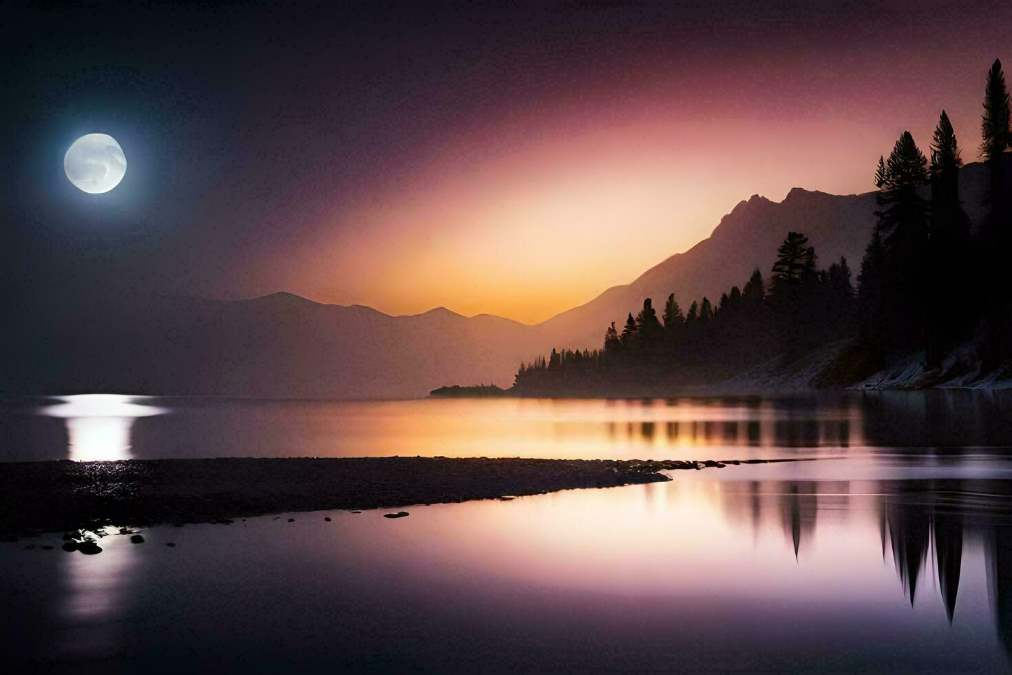 Foto Hintergrund das Himmel, das Mond, das See, das Berge, das Bäume, das Wasser. KI-generiert