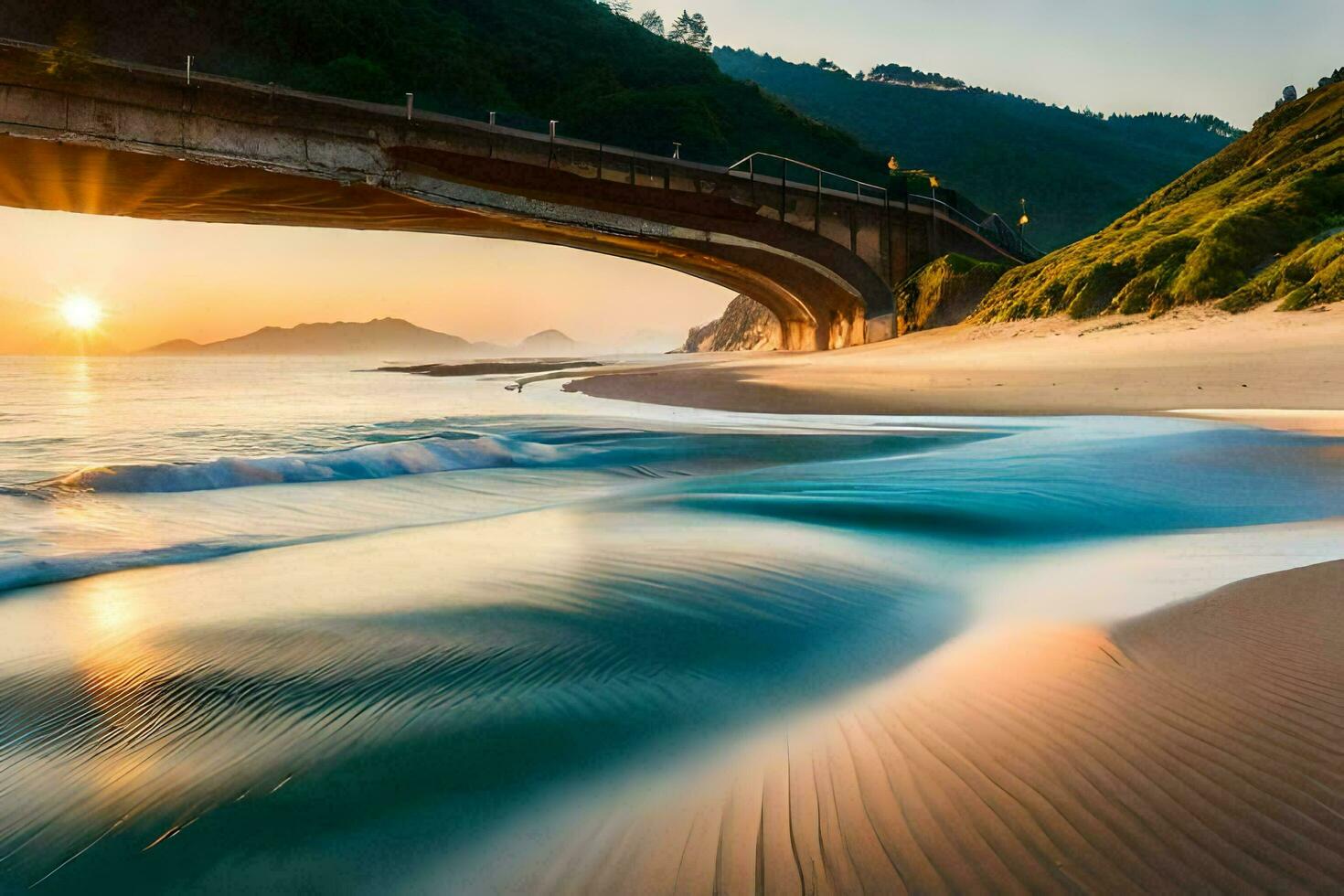 ein Brücke Über das Ozean beim Sonnenuntergang. KI-generiert foto