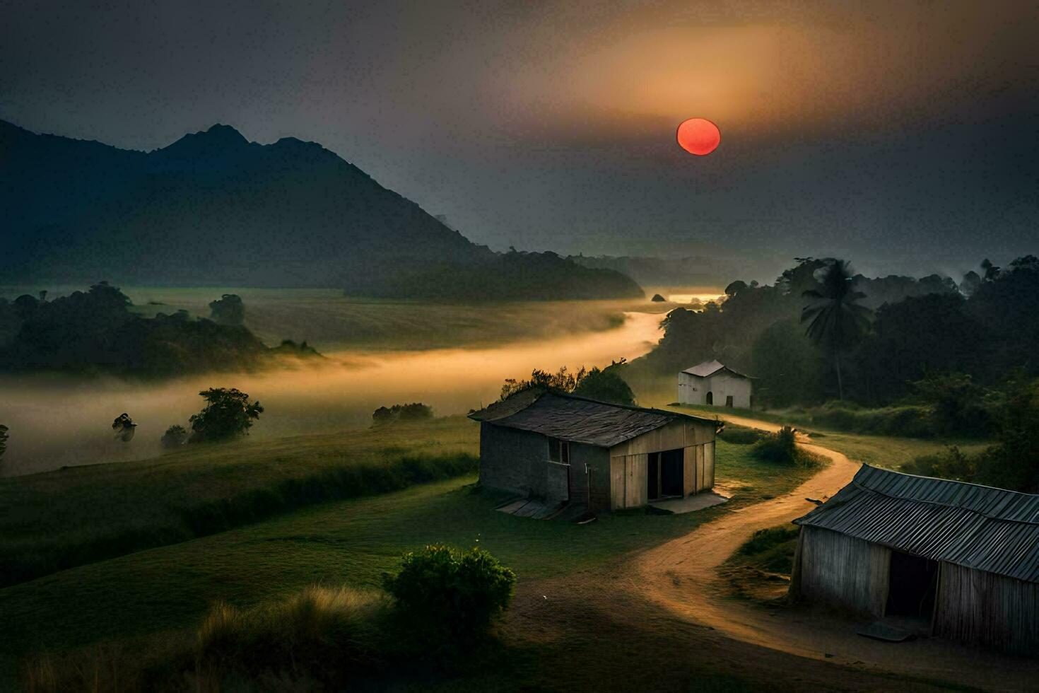 ein Sonnenaufgang Über ein klein Dorf im das Berge. KI-generiert foto