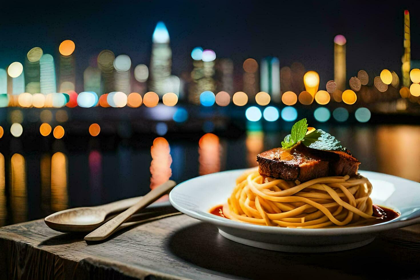 ein Teller von Spaghetti mit ein Aussicht von das Stadt. KI-generiert foto