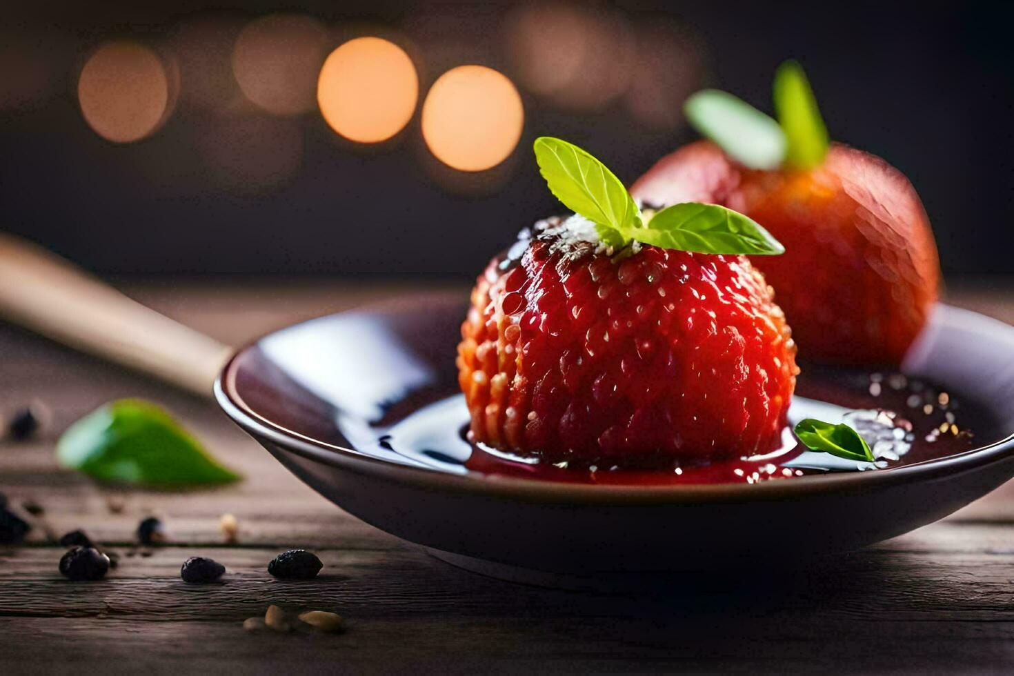 zwei Erdbeeren auf ein Teller mit ein Löffel. KI-generiert foto