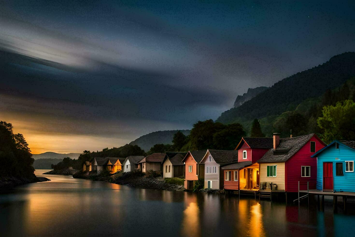 Foto Hintergrund das Himmel, Wasser, Berge, Haus, das Himmel, das Berge, Norwegen. KI-generiert