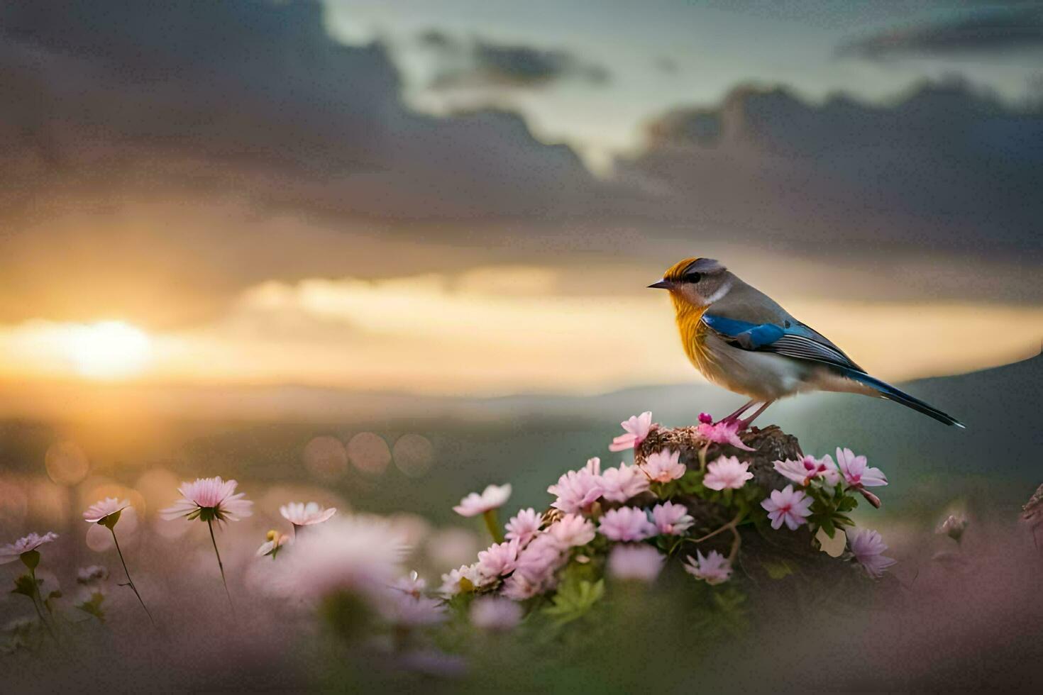 Foto Hintergrund das Himmel, Blumen, Vogel, Sonnenuntergang, Vogel, Sonnenuntergang, Vogel, Sonnenuntergang,. KI-generiert