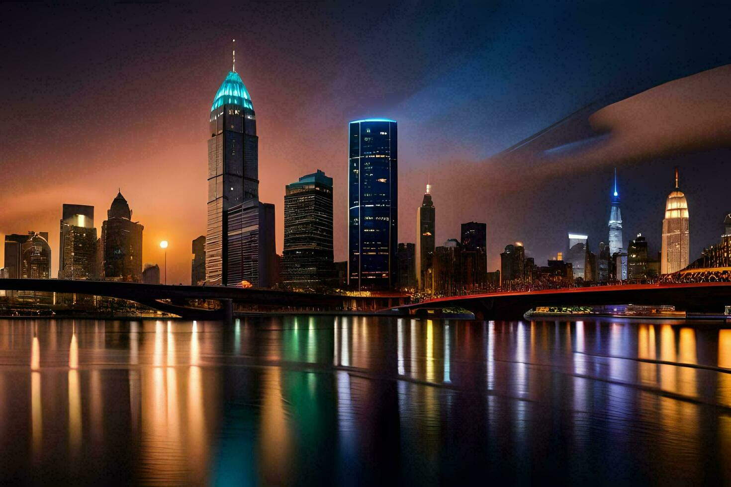 das Stadt Horizont beim Nacht mit Beleuchtung reflektieren im das Wasser. KI-generiert foto