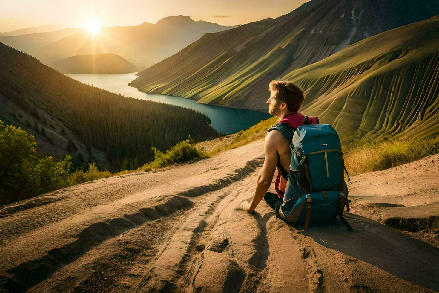 ein Mann mit ein Rucksack sitzt auf das Kante von ein Berg mit Blick auf ein Schlucht. KI-generiert foto