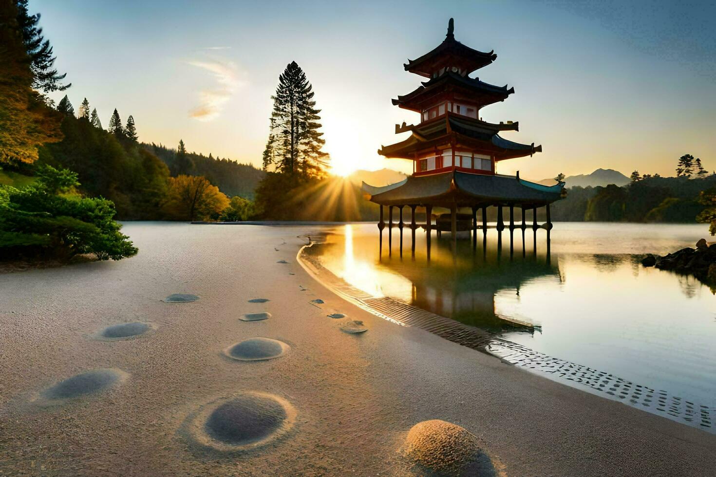 das japanisch Pagode im das Sonnenuntergang. KI-generiert foto