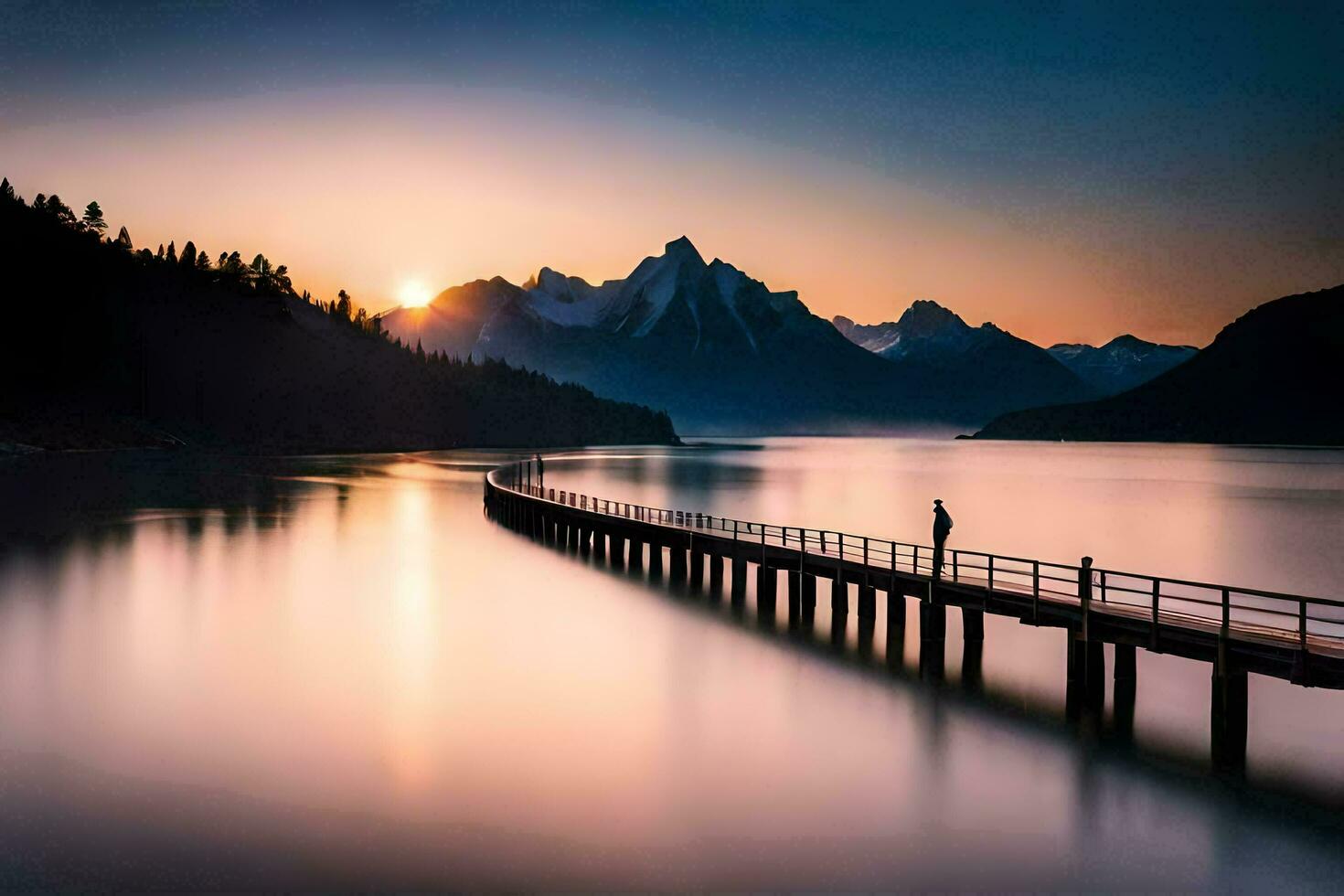 ein Mann steht auf ein Seebrücke mit Blick auf ein See und Berge. KI-generiert foto