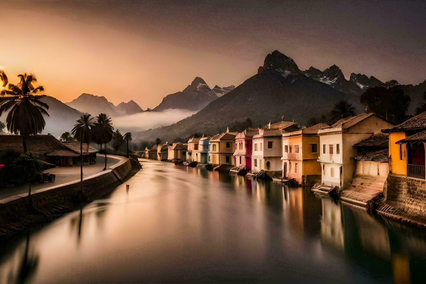 ein Fluss läuft durch ein Stadt, Dorf beim Sonnenuntergang. KI-generiert foto