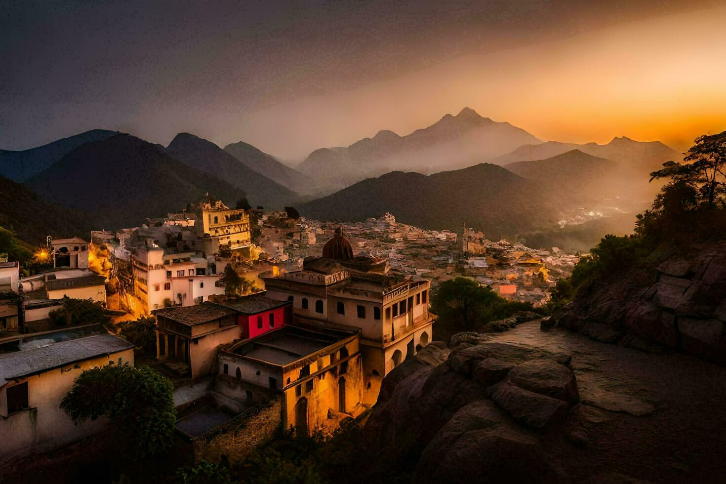 das Sonnenuntergang Über das Stadt von Person, Indien. KI-generiert foto