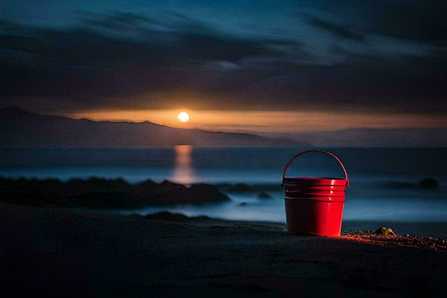 ein rot Eimer sitzt auf das Strand beim Nacht. KI-generiert foto