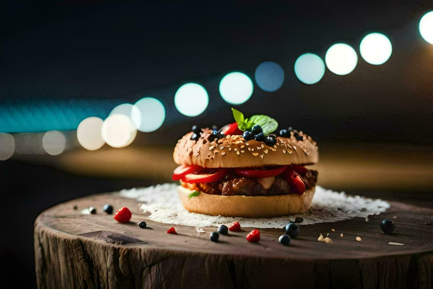 ein Hamburger mit Beeren und Sesam Saat auf oben. KI-generiert foto