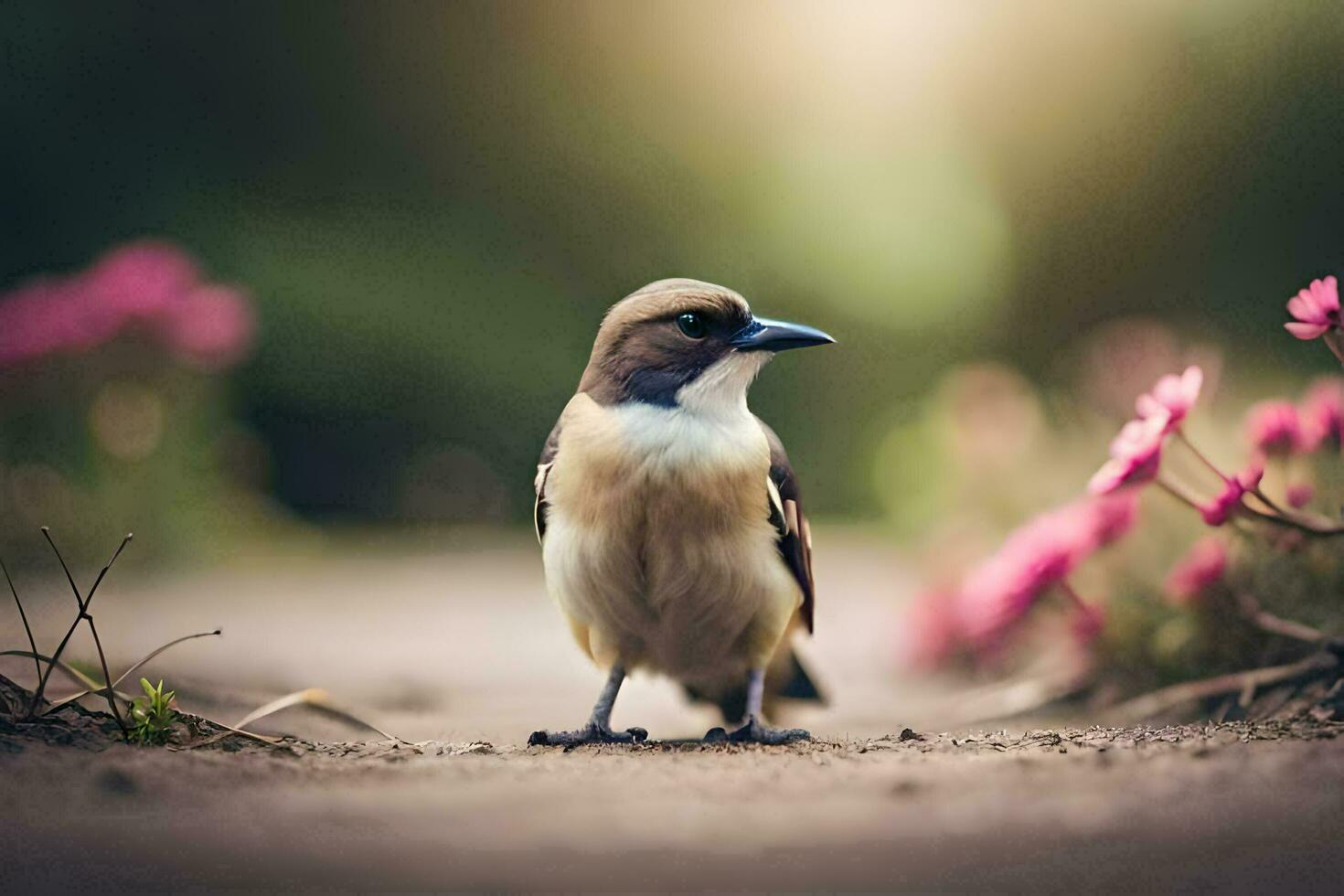 ein klein Vogel Stehen auf ein Schmutz Pfad umgeben durch Rosa Blumen. KI-generiert foto