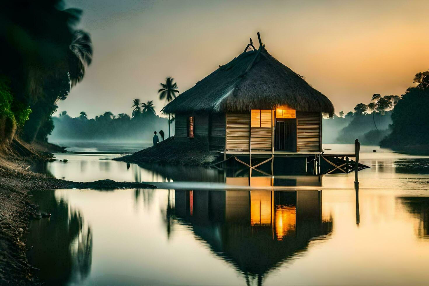 ein Hütte sitzt auf das Ufer von ein Fluss beim Sonnenaufgang. KI-generiert foto