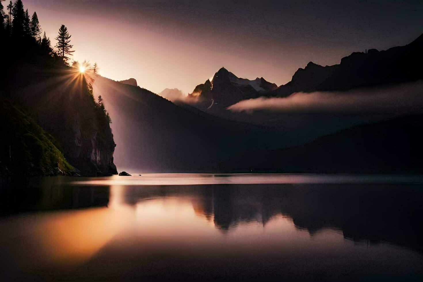 das Sonne ist leuchtenden Über ein Berg See. KI-generiert foto