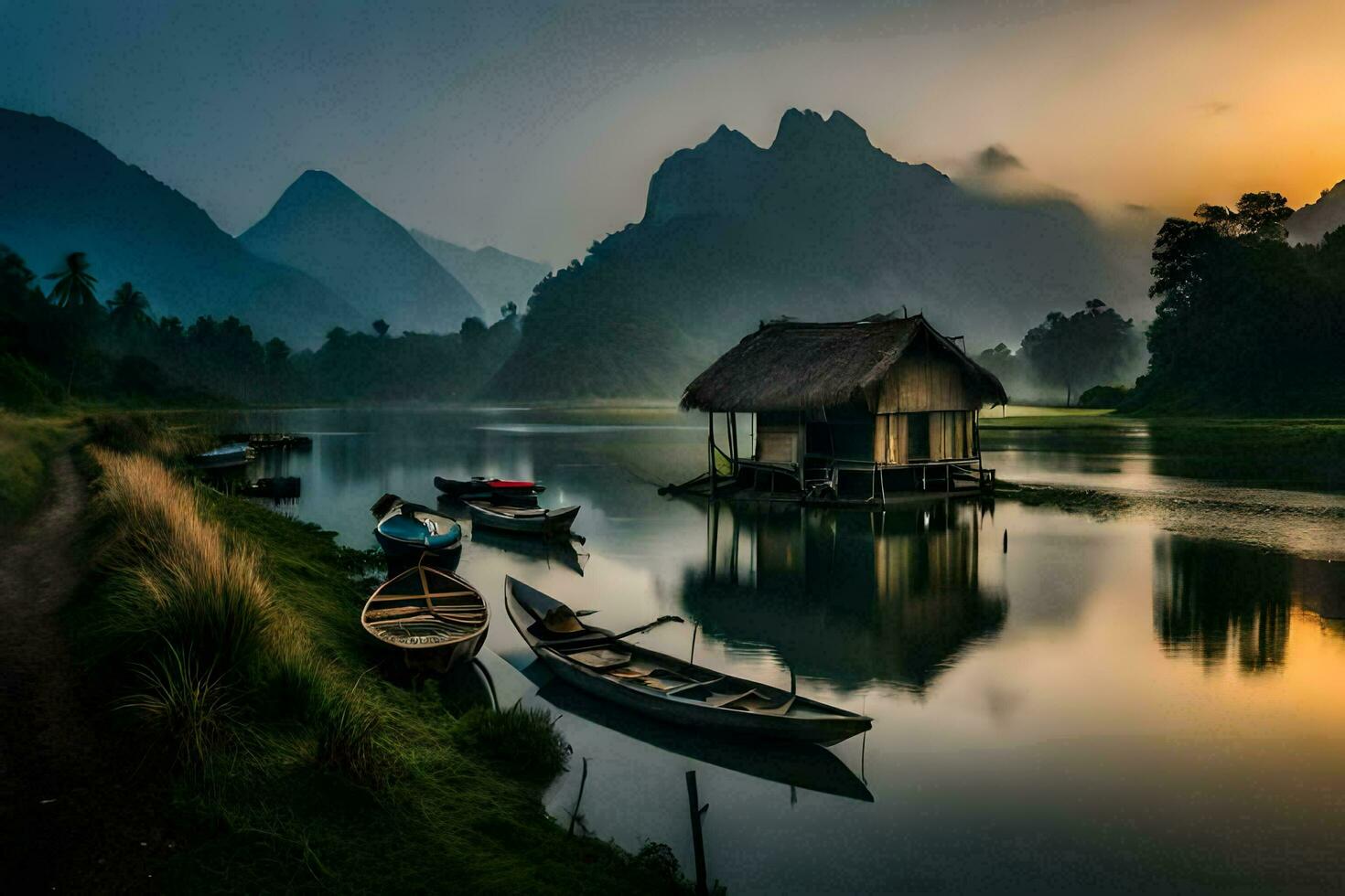 das Sonnenaufgang Über das Berge und das Boote im das Wasser. KI-generiert foto