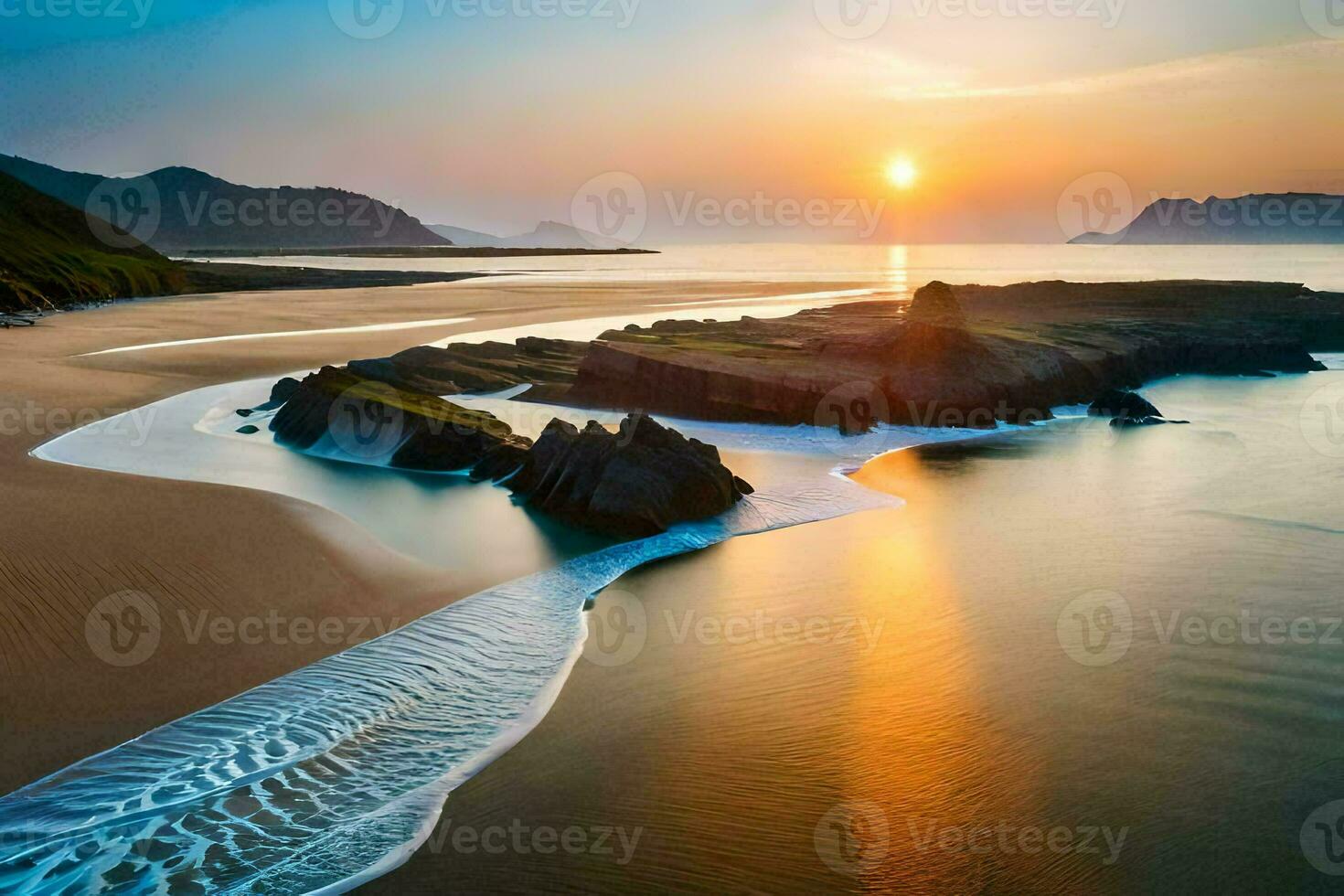 das Sonne setzt Über ein Strand und Felsen. KI-generiert foto