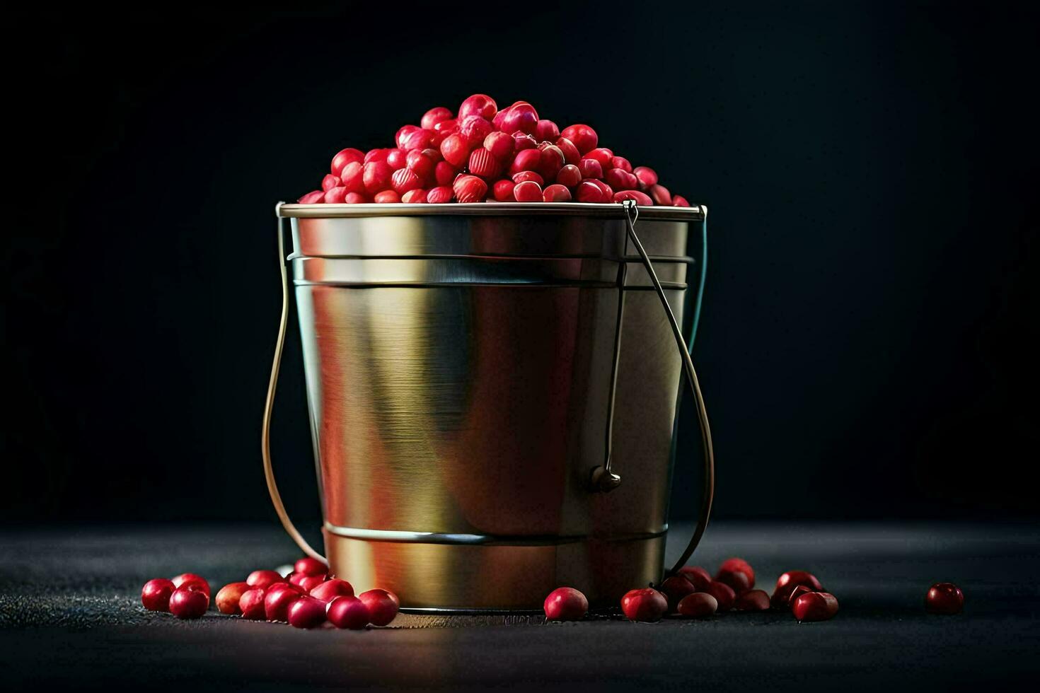 ein Eimer gefüllt mit Preiselbeeren auf ein dunkel Hintergrund. KI-generiert foto