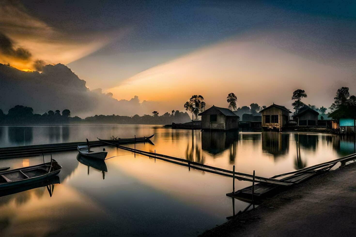 ein Boot sitzt auf das Wasser beim Sonnenuntergang. KI-generiert foto