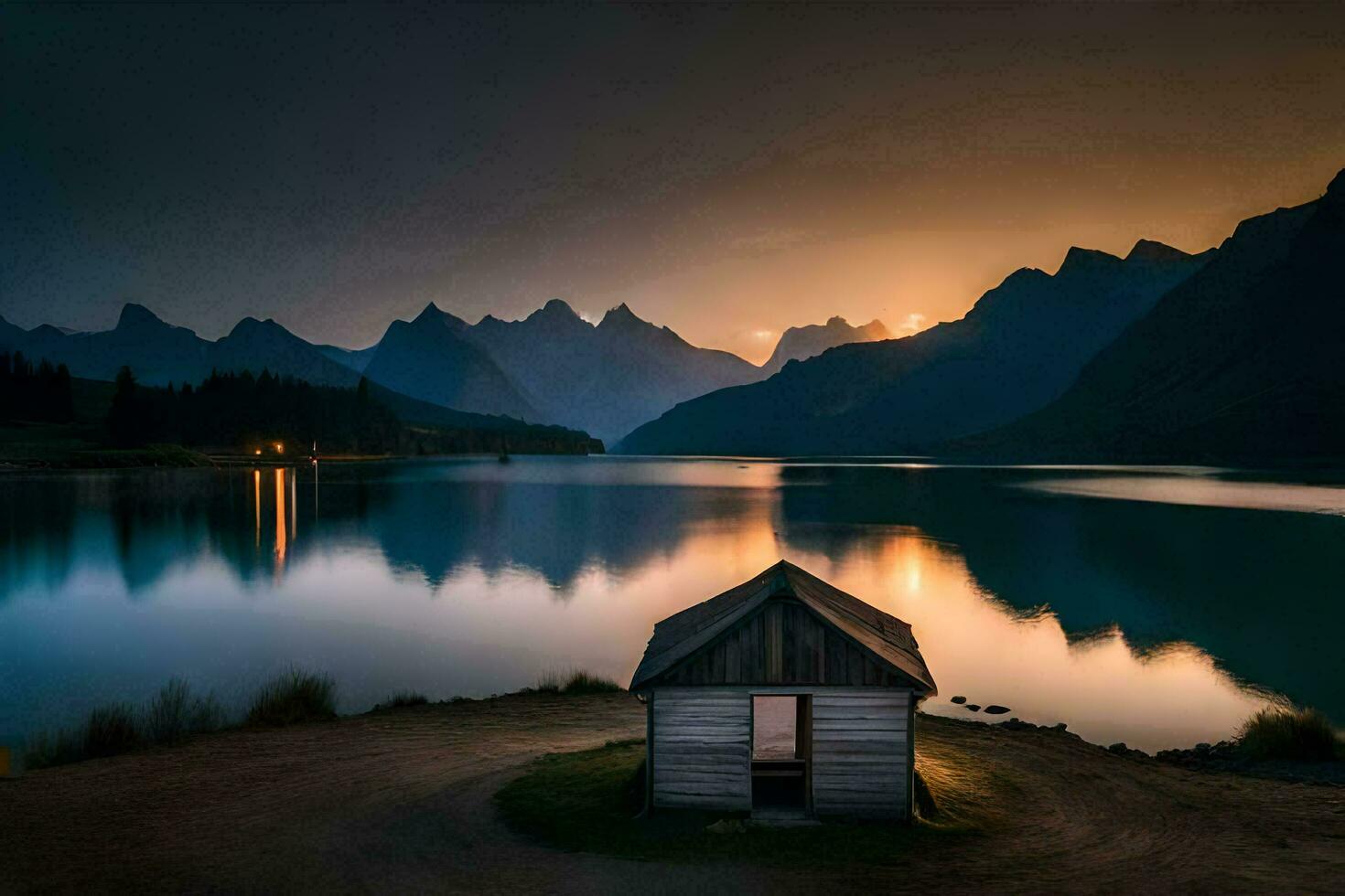 ein klein Hütte sitzt auf das Ufer von ein See beim Sonnenuntergang. KI-generiert foto