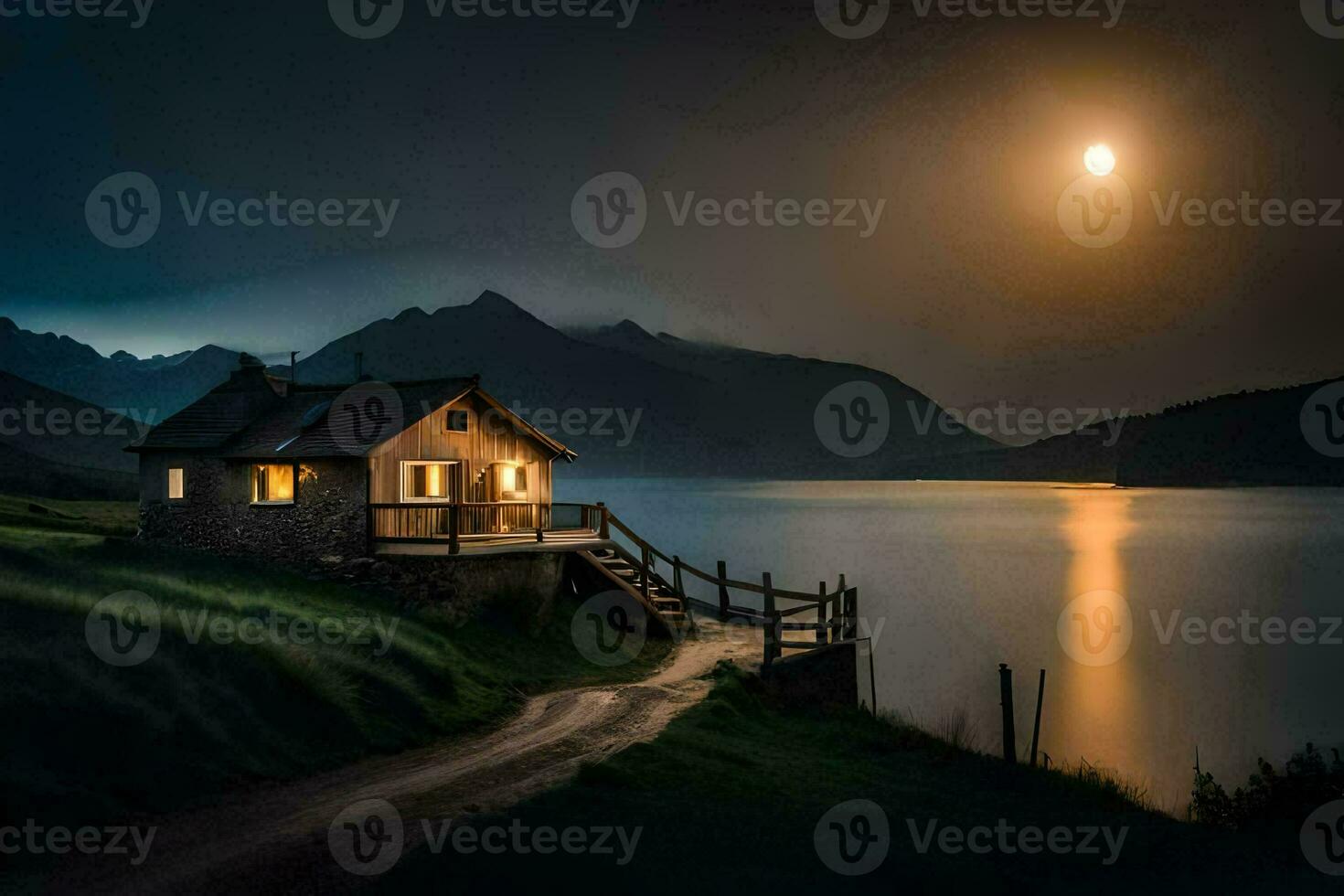 ein klein Kabine sitzt auf das Ufer von ein See beim Nacht. KI-generiert foto