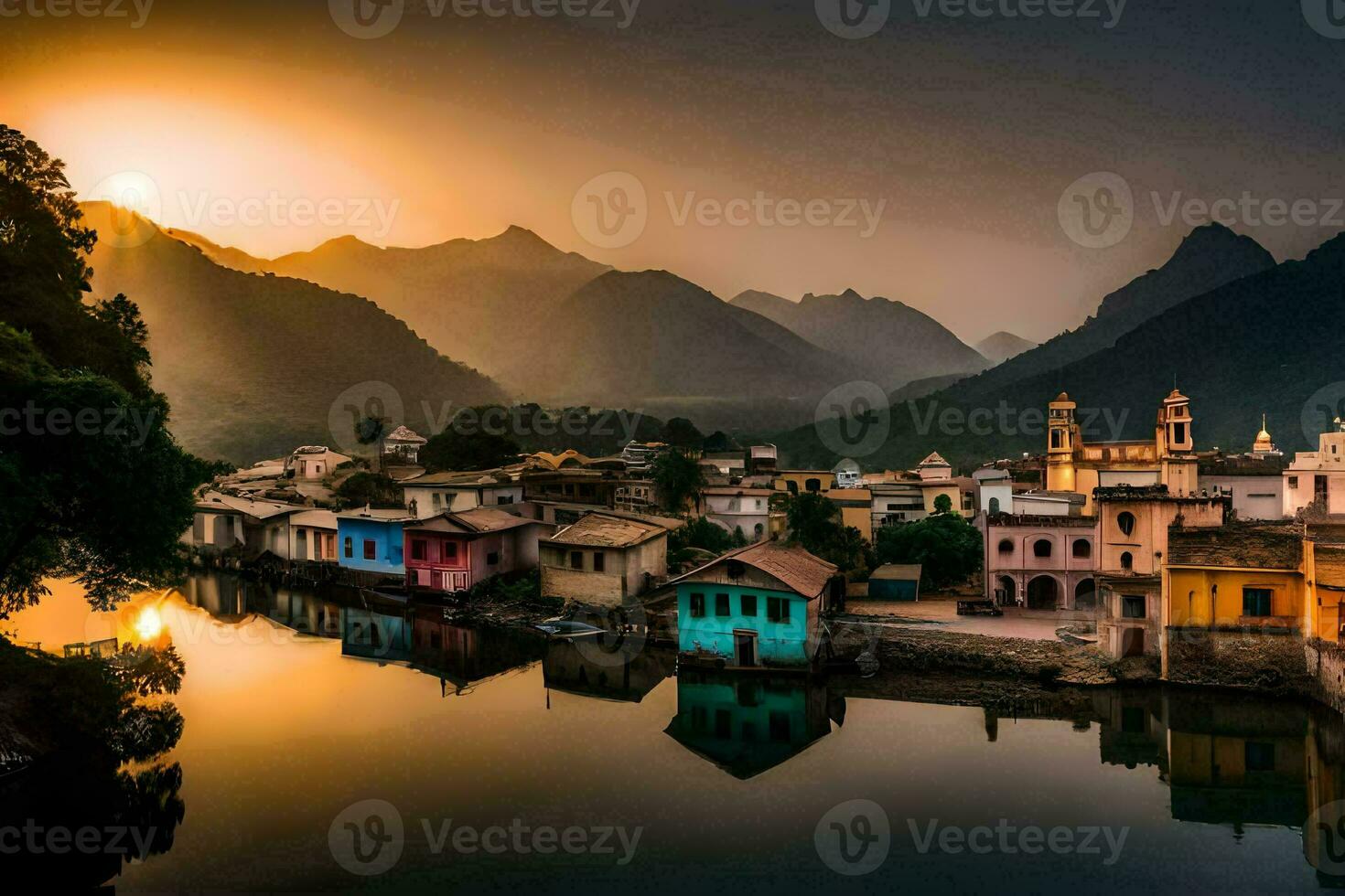 das Sonne setzt Über ein Dorf im Indien. KI-generiert foto