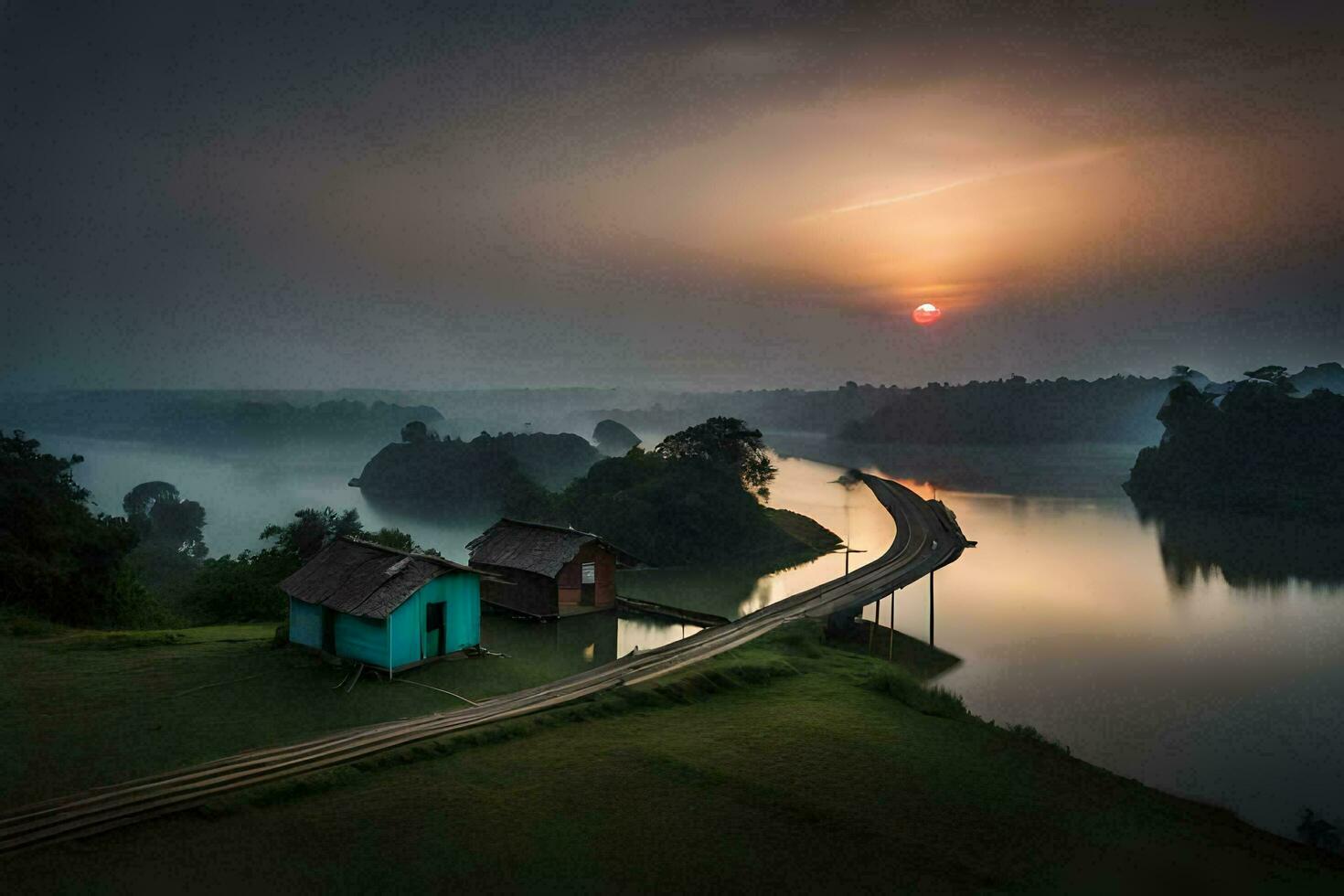 ein Haus auf das Fluss mit das Sonne Einstellung. KI-generiert foto