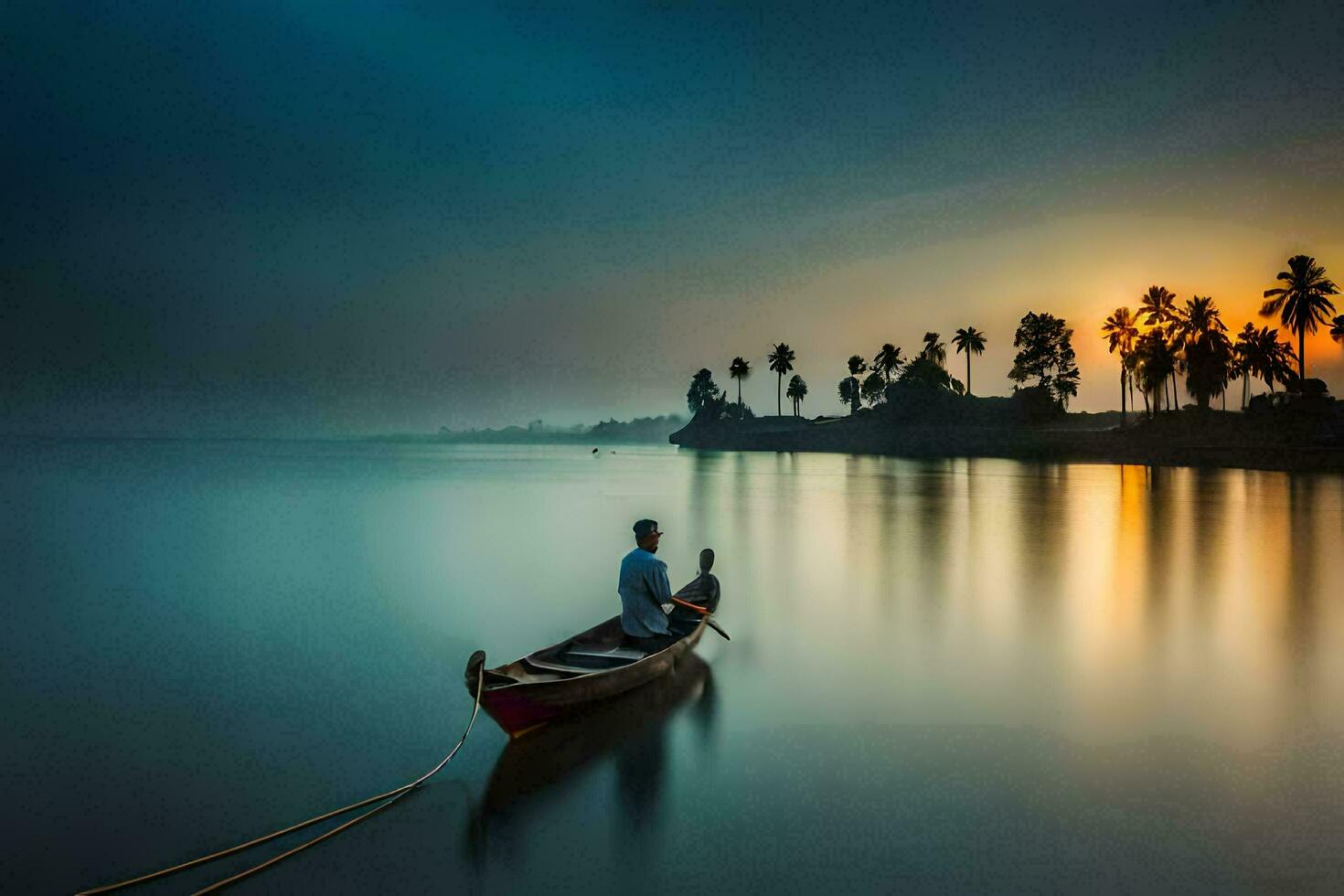 ein Mann im ein Boot auf das Wasser beim Sonnenuntergang. KI-generiert foto