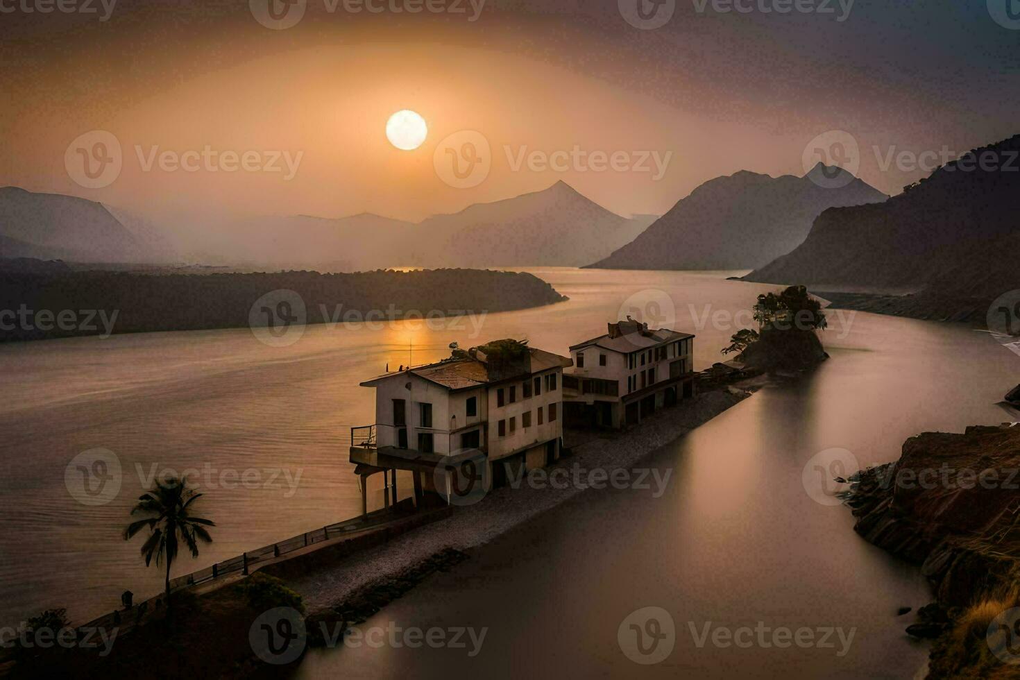 ein Haus sitzt auf das Kante von ein Fluss mit das Sonne Rahmen hinter Es. KI-generiert foto