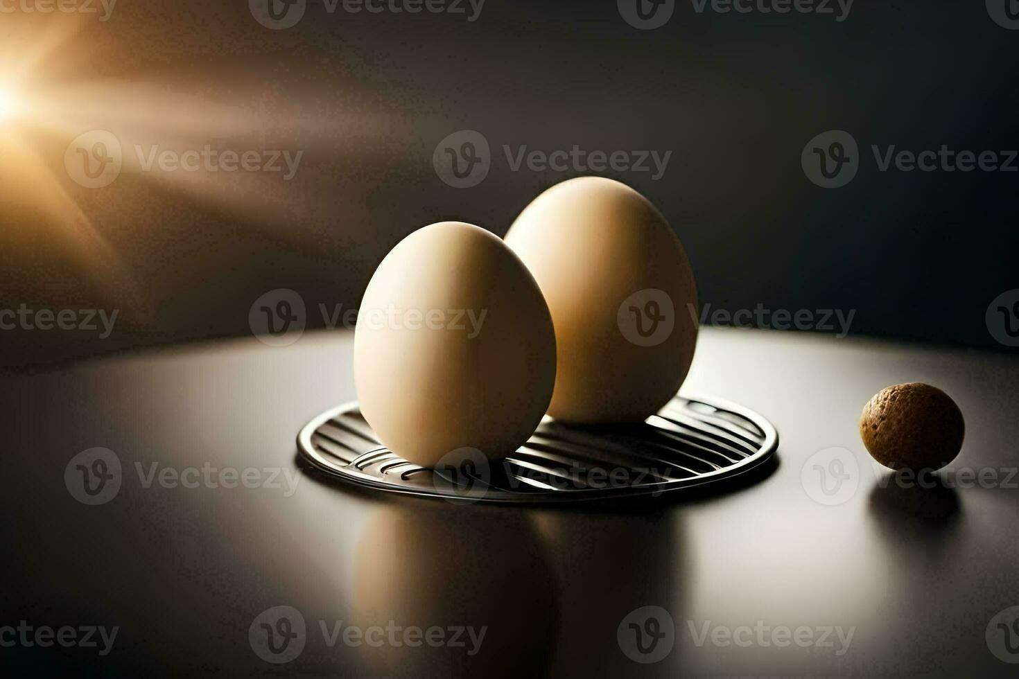 zwei Eier sitzen auf ein Tablett mit ein braun Ei. KI-generiert foto