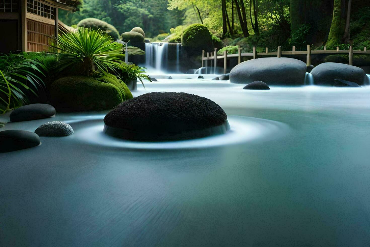 ein Wasserfall im das Mitte von ein Fluss. KI-generiert foto